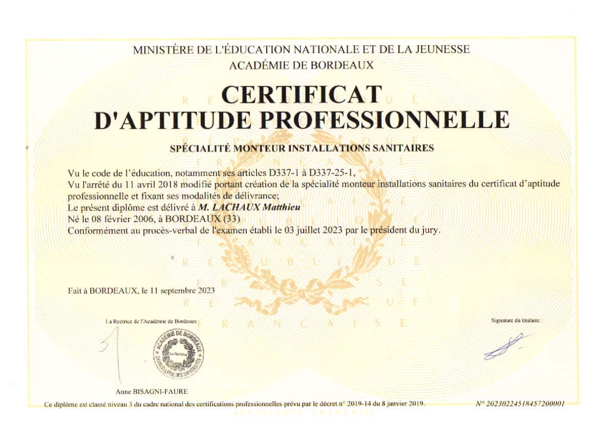 Plombier - Depannage plomberie - chauffagiste - salle de bain - Pessac Libourne Coutras - LMP Aquitaine - Certifications